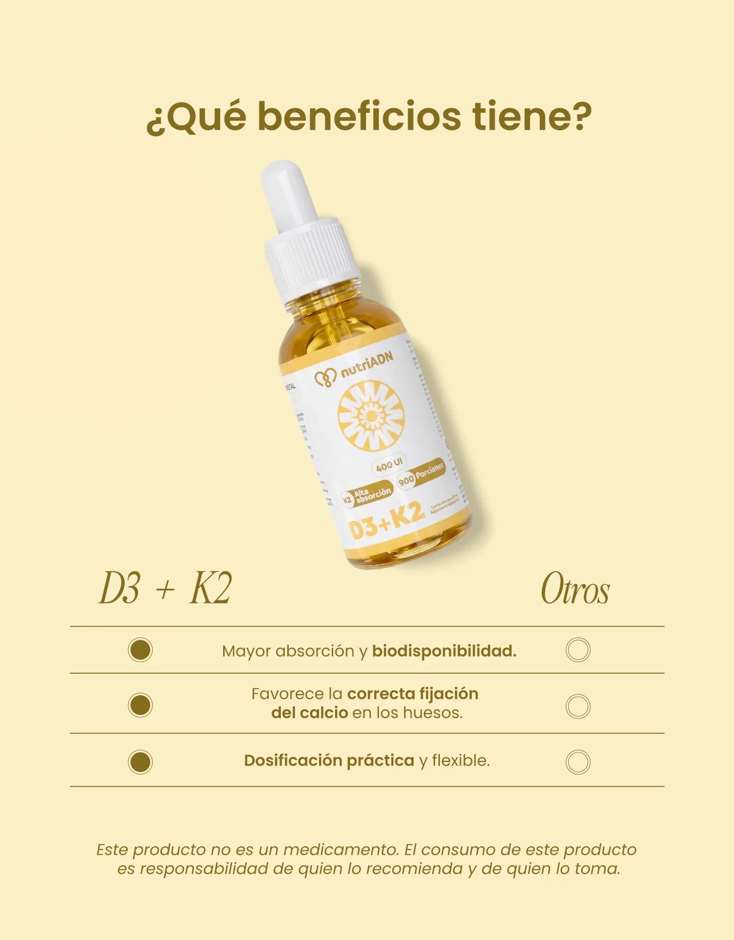 nutriADN Vitamina D3 + K2: absorción eficiente de calcio y soporte integral 30 ml | 900 porciones | 400 UI por gota