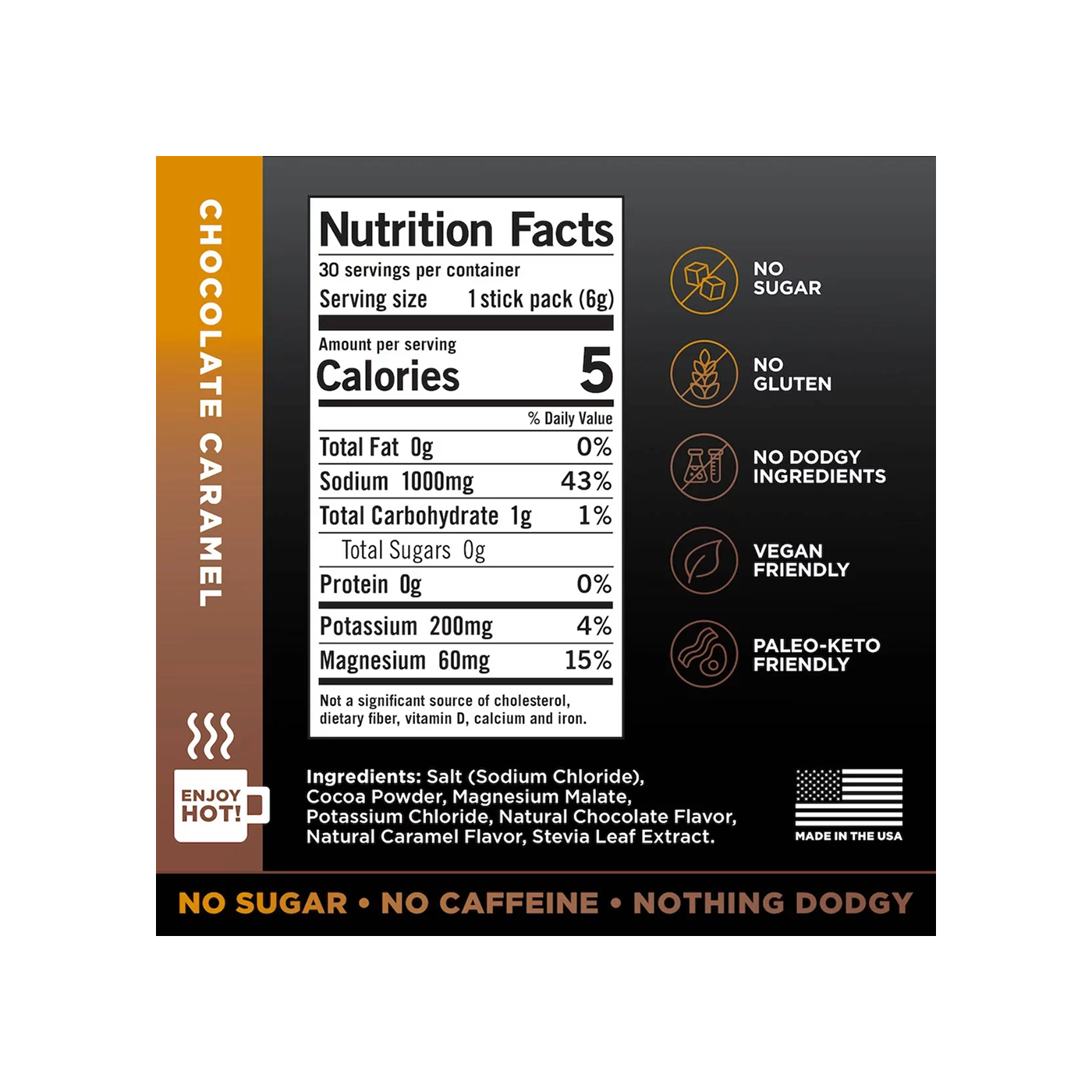 LMNT Recharge Electrolitos Chocolate Caramel, 30 sobres