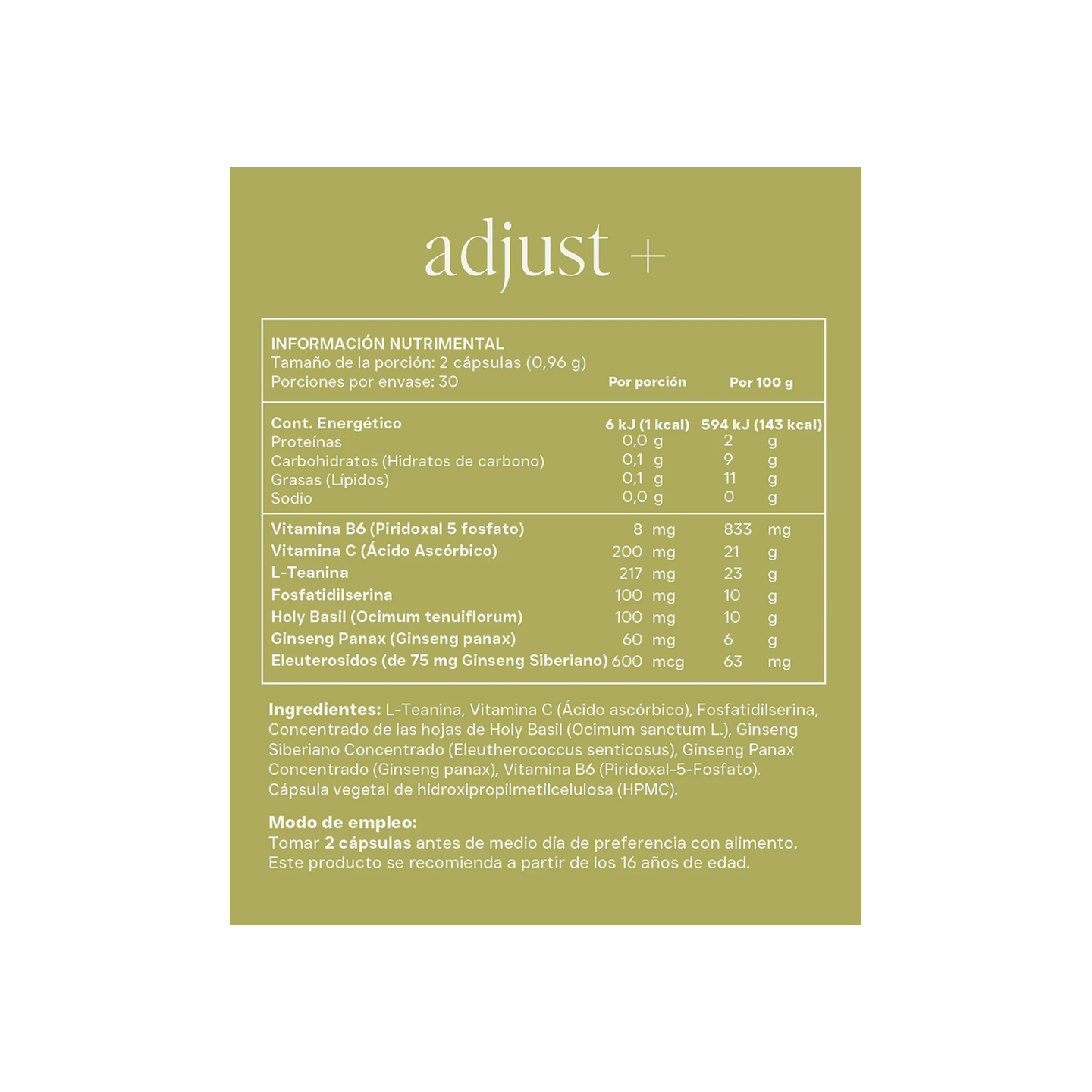 Adjust Suplemento Holy Basil, Ginseng Panax, Fosfatidilserina 500 mg 60 cápsulas
