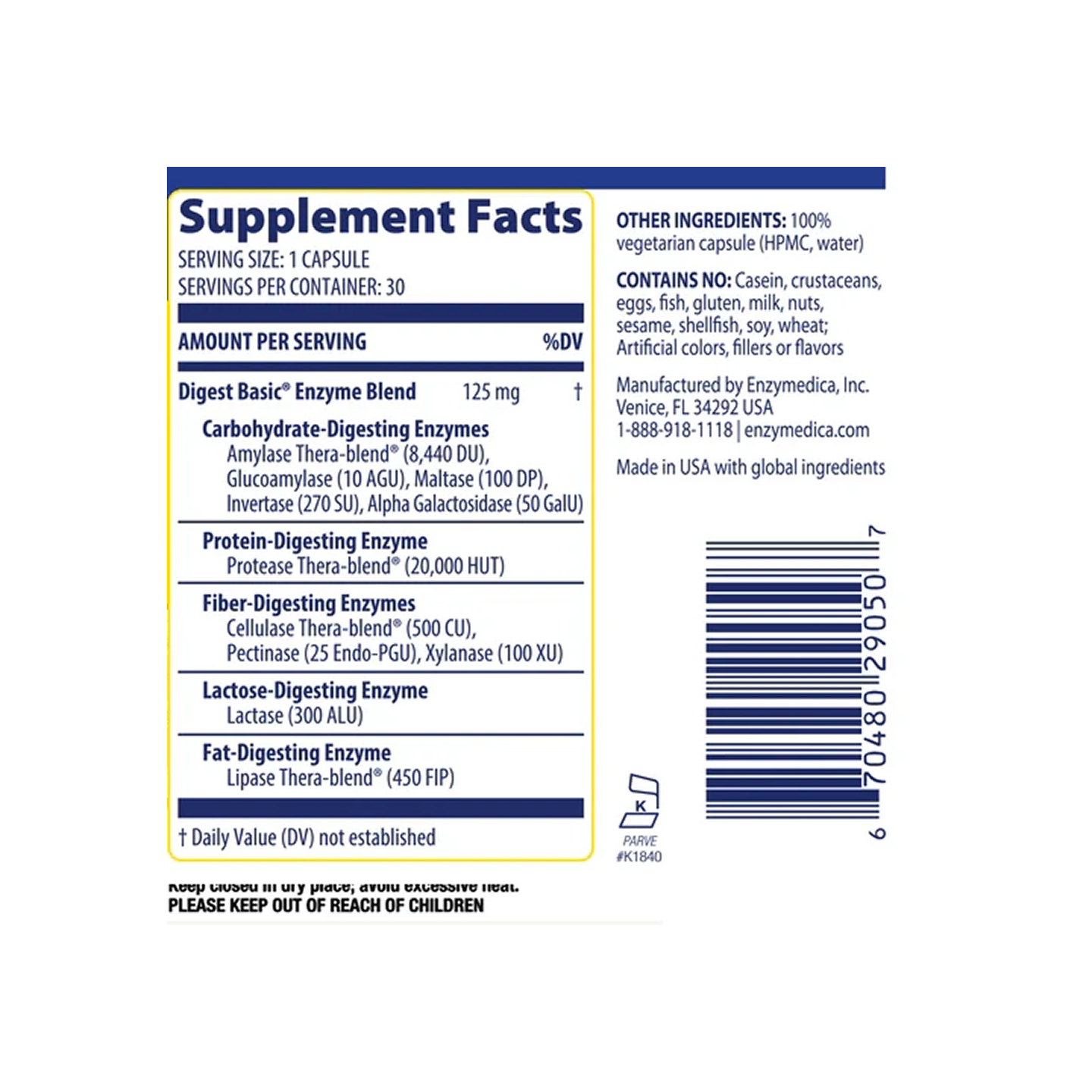Enzymedica Digest Basic Enzimas para Estómago Sensible 30 cápsulas