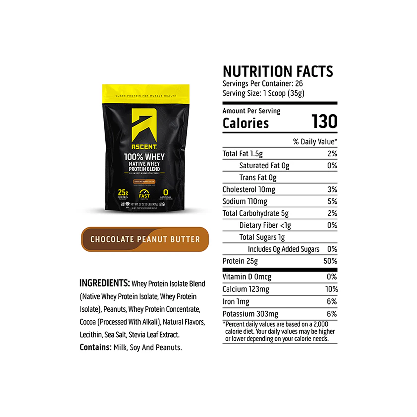 Ascent 100% Whey Native Whey Protein Blend Chocolate Peanut Butter 2 lb (907 g)