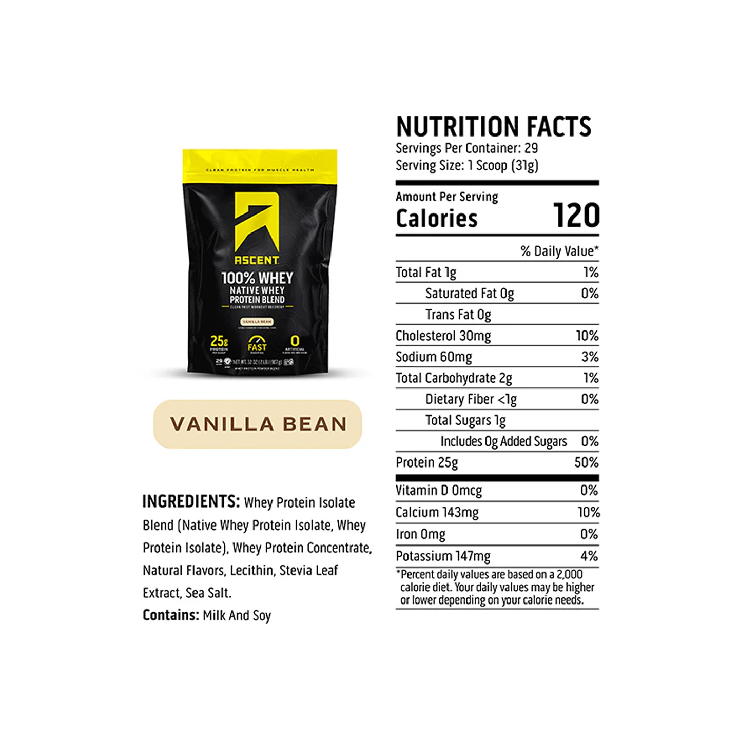 Ascent 100% Whey Native Whey Protein Blend Vanilla Bean 2 lb (907 g)