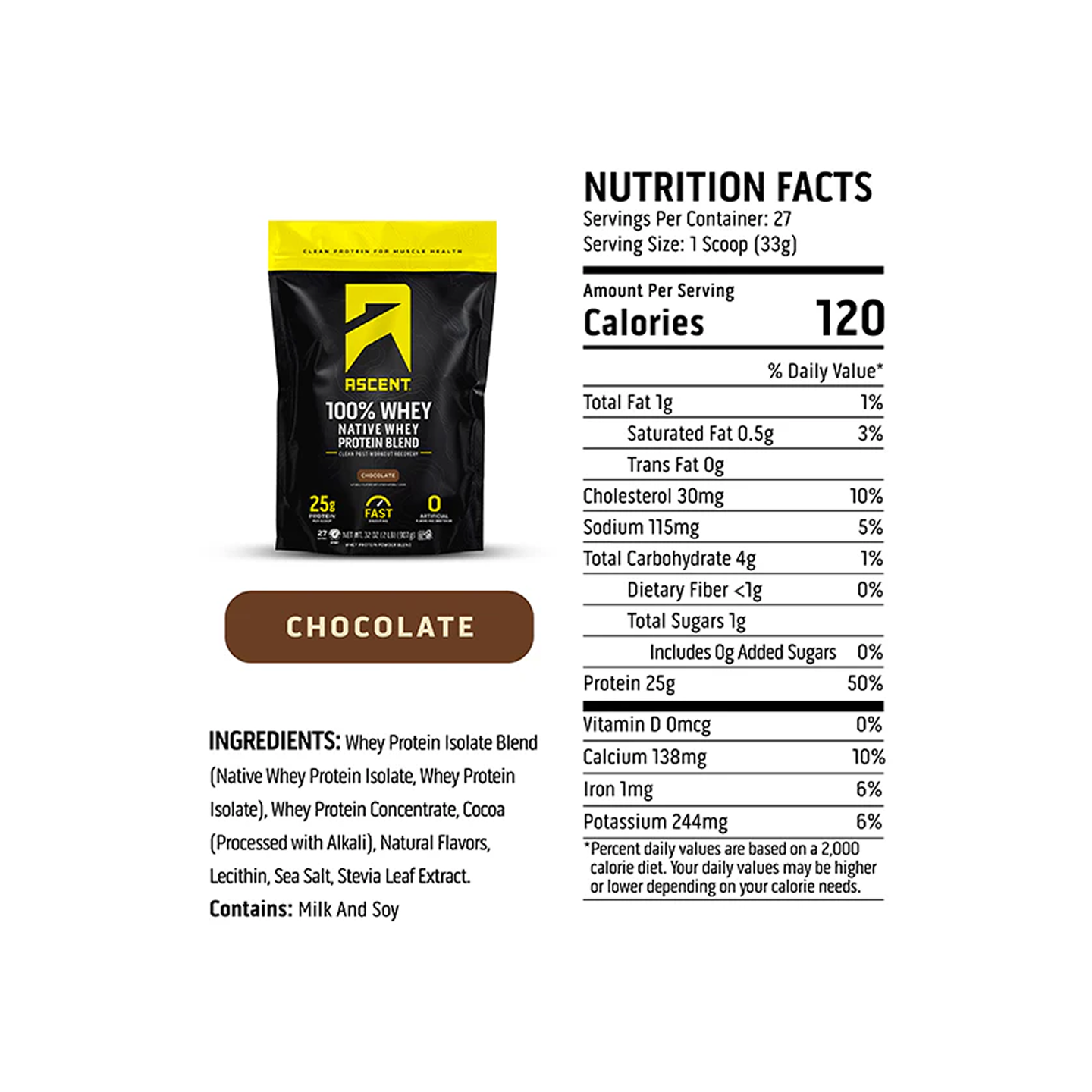 Ascent 100% Whey Native Whey Protein Blend Chocolate 2 lb (907 g)