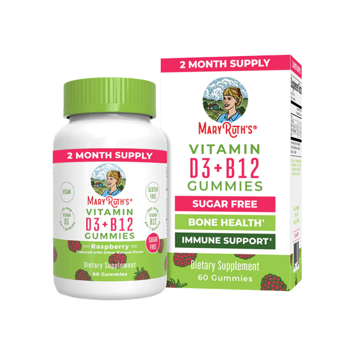 MaryRuth Organics Vegan Vitamin D3 + B12 Gummies Sin Azúcar – Sabor Frambuesa