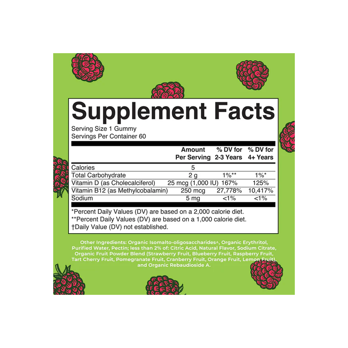 MaryRuth Organics Vegan Vitamin D3 + B12 Gummies Sin Azúcar – Sabor Frambuesa