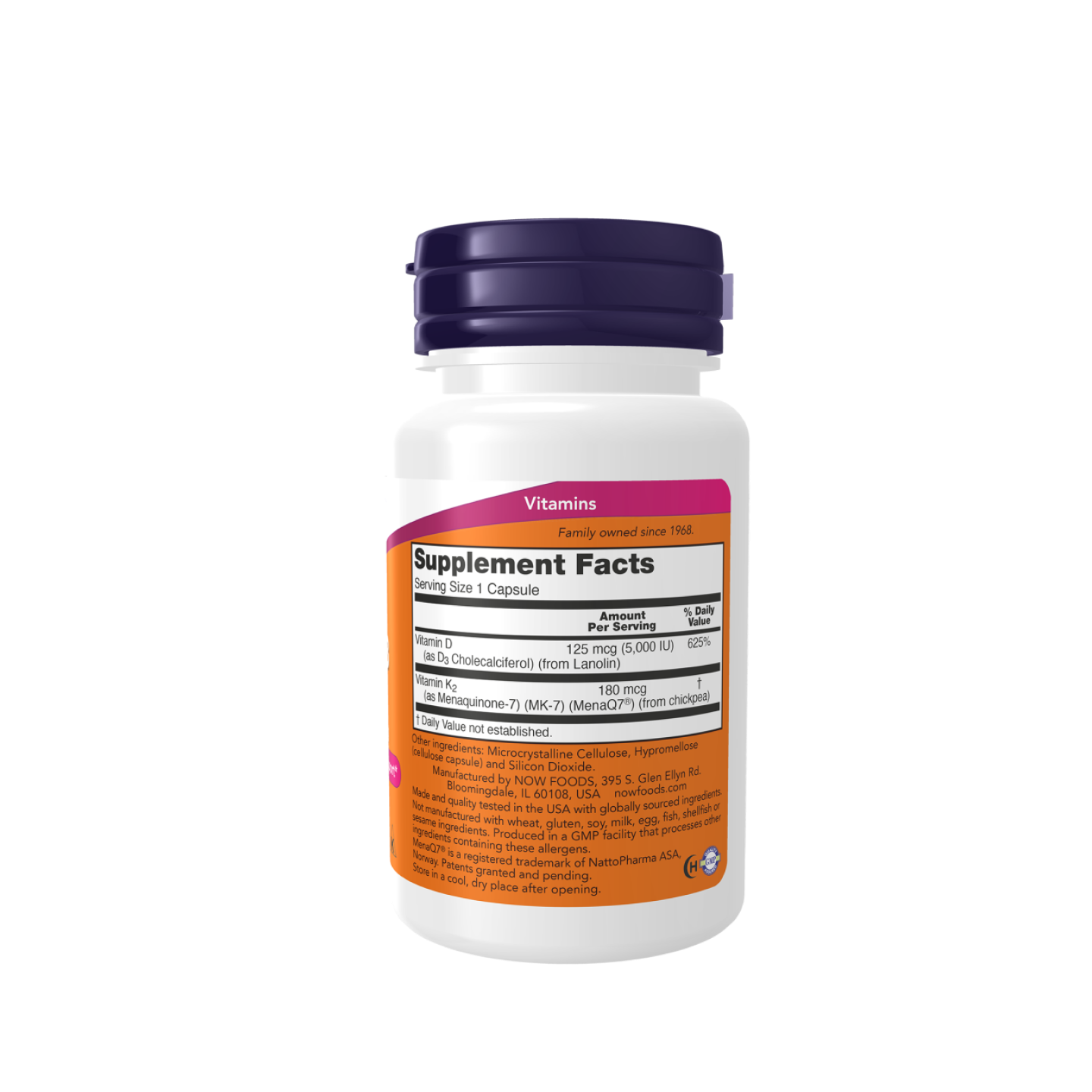 Now Foods Mega D-3 & MK-7 5,000 IU / 180 mcg, 60 cápsulas vegetarianas