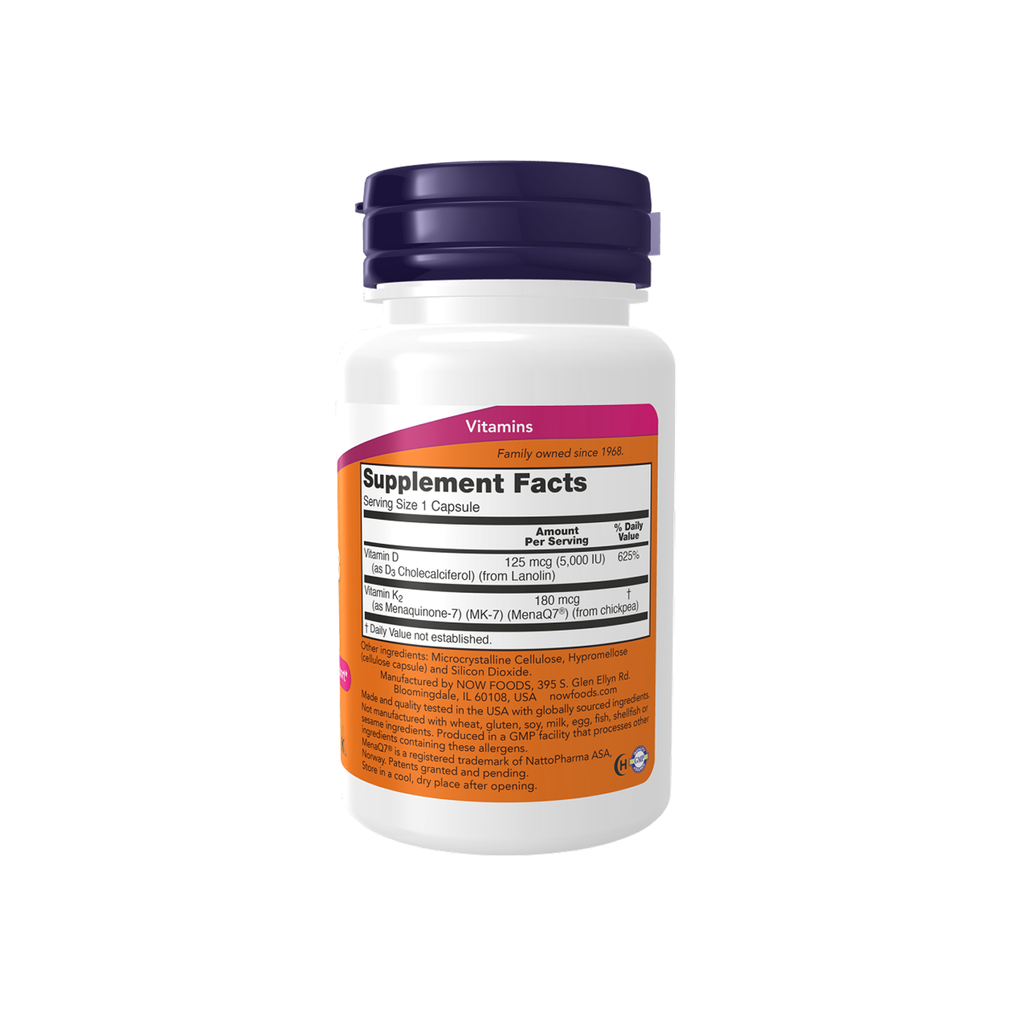 Now Foods Mega D-3 & MK-7 5,000 IU / 180 mcg, 120 cápsulas vegetarianas