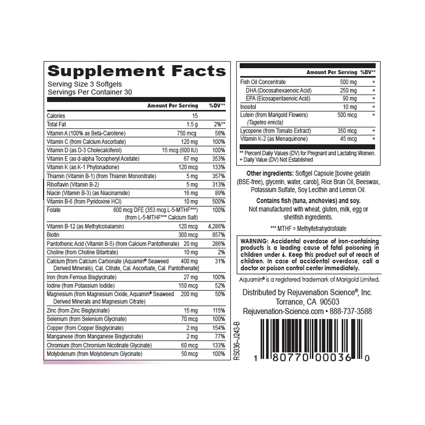 Rejuvenation Science Prenatal Vitality II 90 softgels