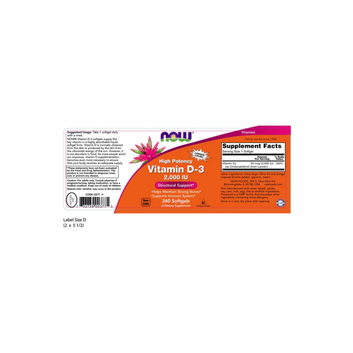 Now Foods Vitamina D3 2000 UI, 240 softgels