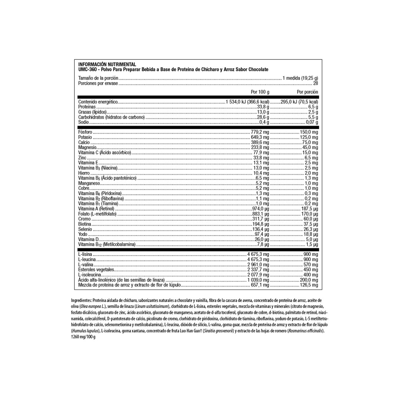 Metagenics UMC-360 proteína de chícharo y arroz sabor chocolate 539 g