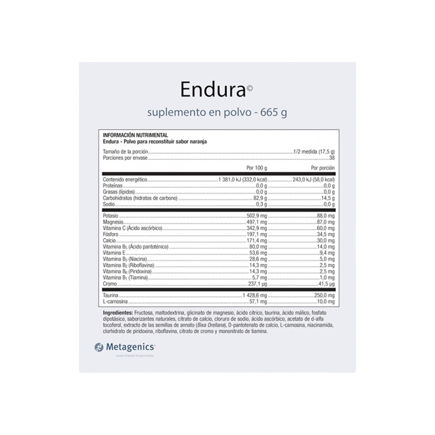 Metagenics Endura suplemento en polvo sabor naranja 665 g.