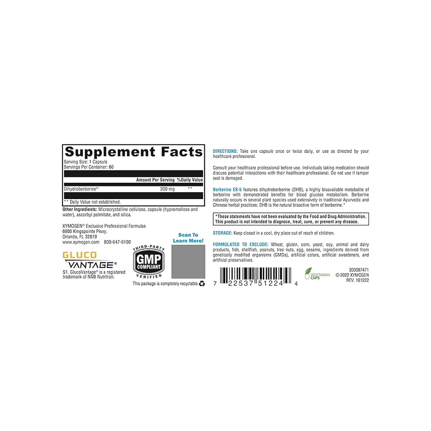 Berberine ES-5 Xymogen 60 cápsulas