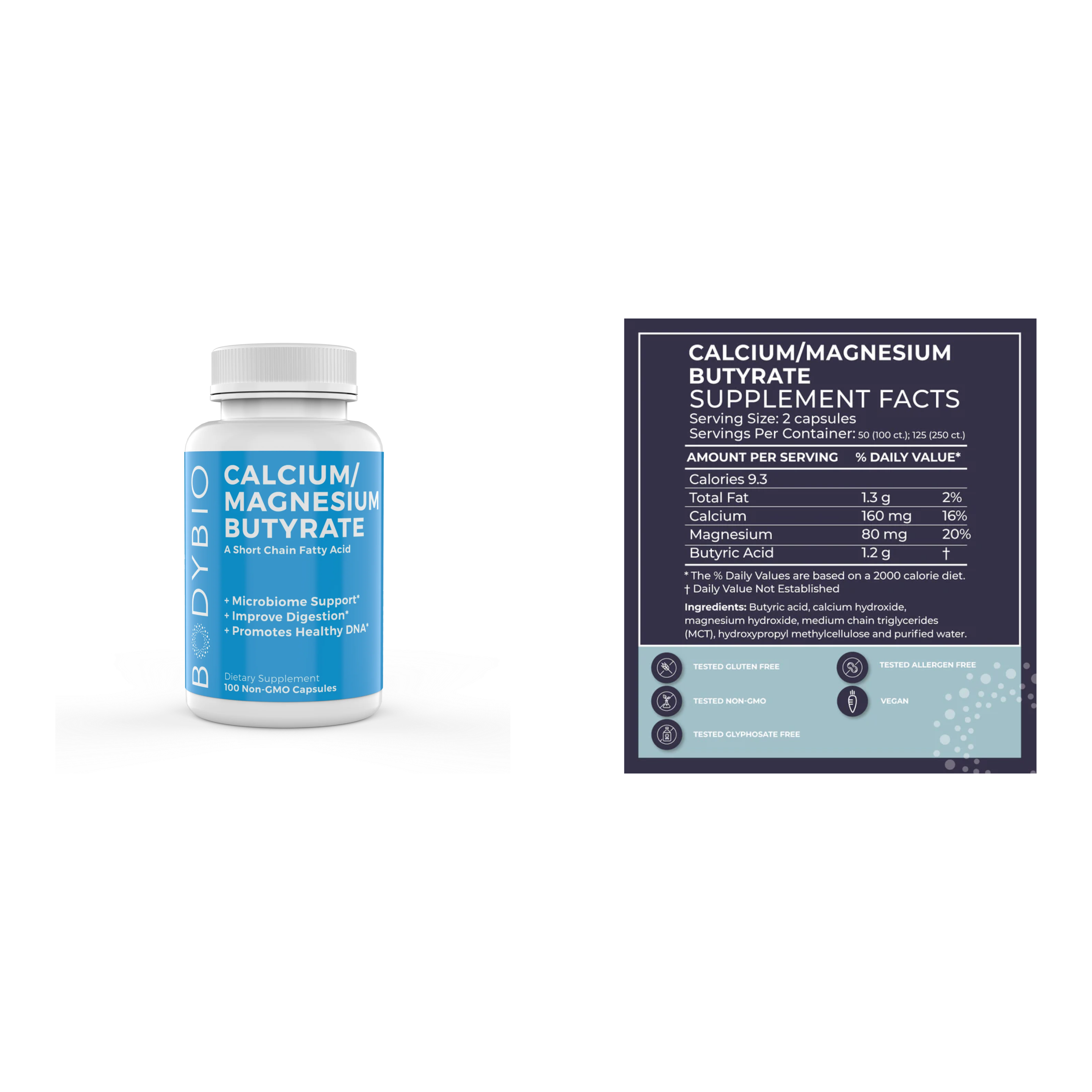 BodyBio Butirato de calcio/magnesio, 100 cápsulas